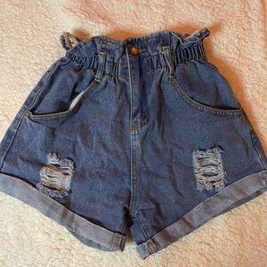 Blue Jean Shorts with Paper Bag Waist and Distressed Details